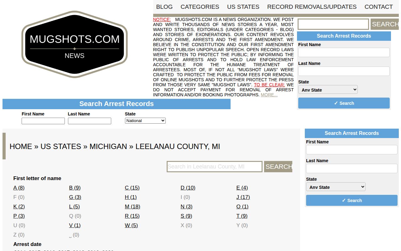Leelanau County unofficial mugshot-record directory interface